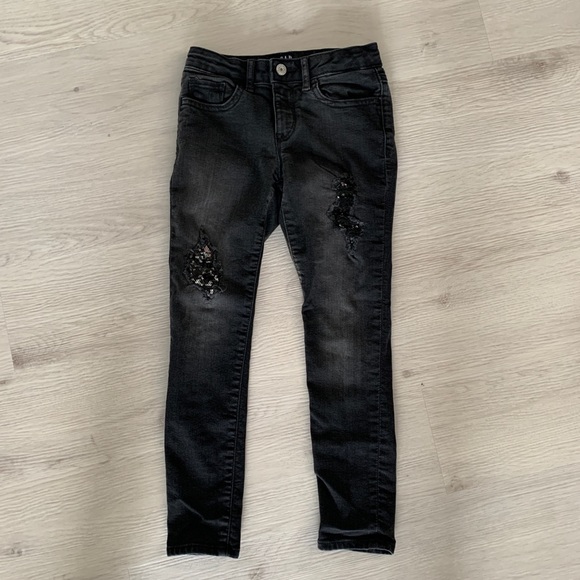 EUC! Black Distressed Sequin Jeans - Picture 1 of 5